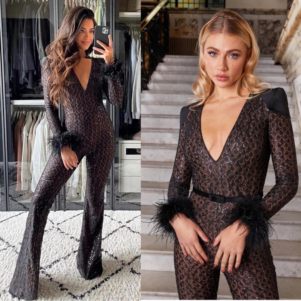 Nadine Merabi Jumpsuit Rachel Lace Feather Metallic Wedding Black S M GUC